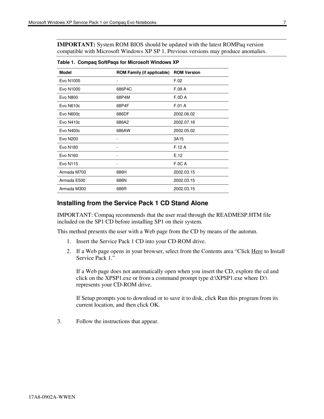 HP n115 manual Installing from the Service Pack 1 CD Stand Alone, Compaq SoftPaqs for Microsoft Windows XP 