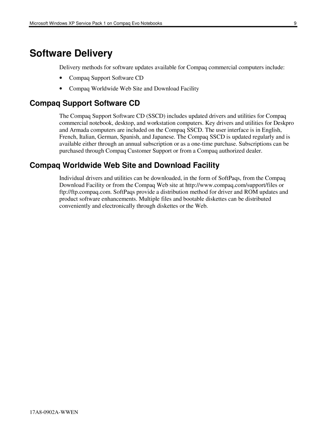 HP n115 manual Software Delivery, Compaq Support Software CD, Compaq Worldwide Web Site and Download Facility 