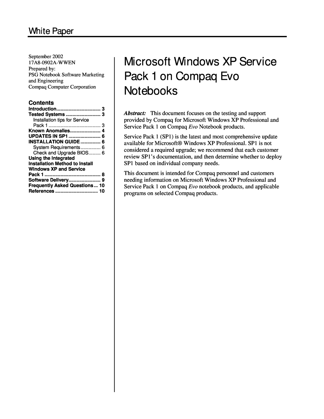 HP n115 manual White Paper, Microsoft Windows XP Service Pack 1 on Compaq Evo Notebooks, Contents 