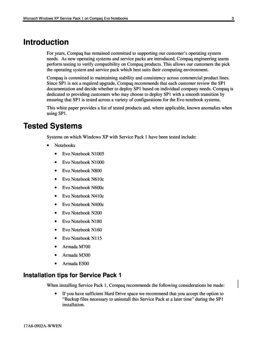 HP n115 manual Introduction, Tested Systems, Installation tips for Service Pack 