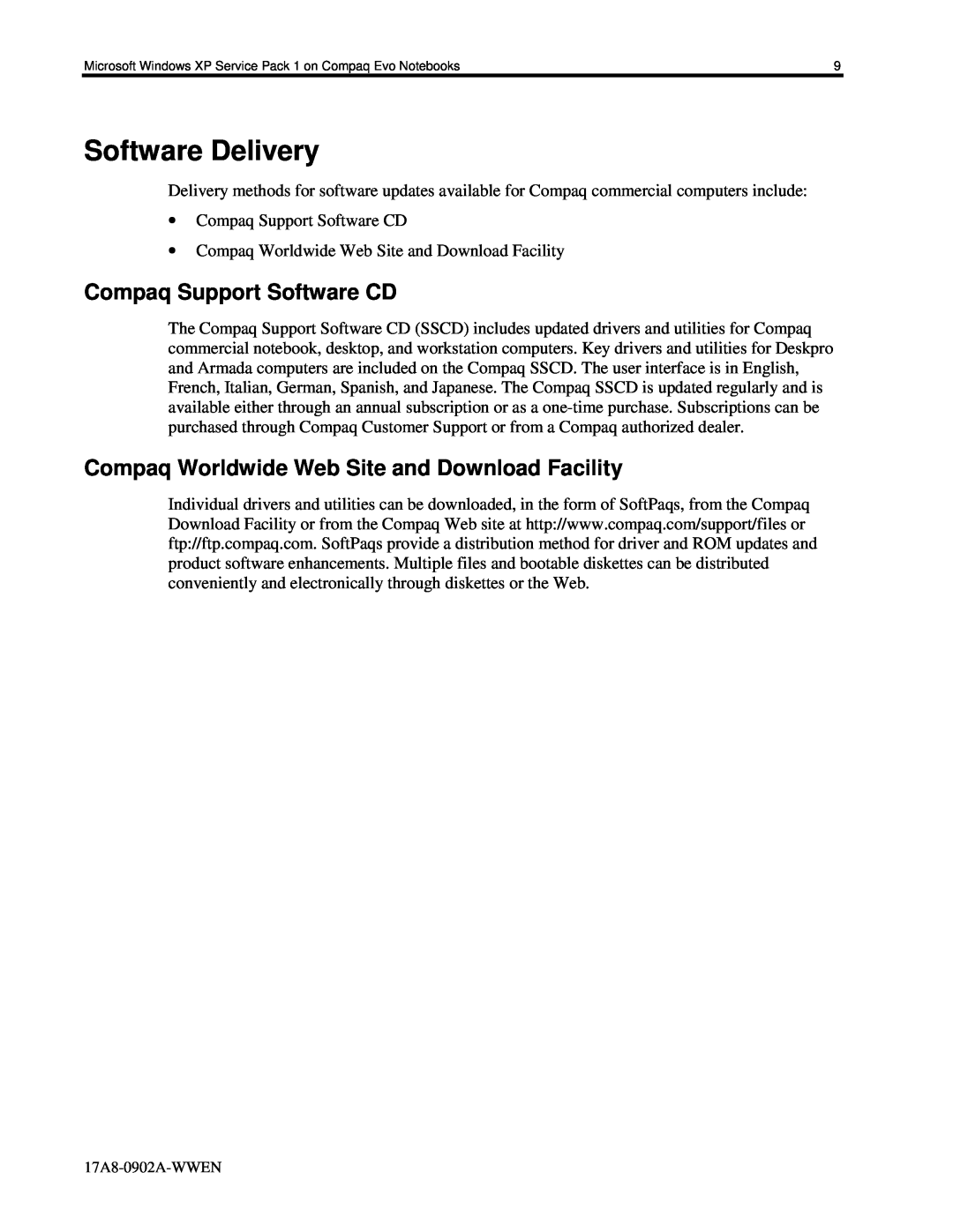 HP n115 manual Software Delivery, Compaq Support Software CD, Compaq Worldwide Web Site and Download Facility 
