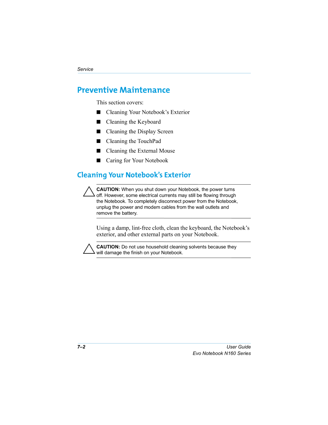 HP n160 manual Preventive Maintenance, Cleaning Your Notebook’s Exterior, 6HUYLFH 