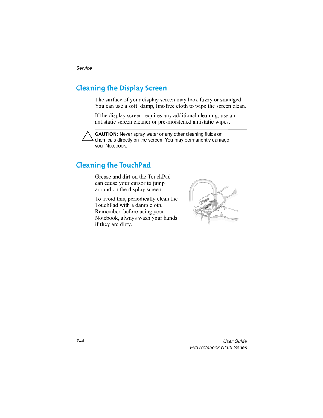 HP n160 manual Cleaning the Display Screen, Cleaning the TouchPad 