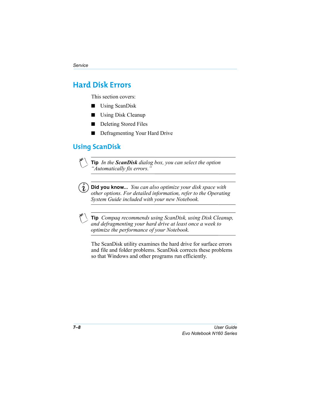 HP n160 manual Hard Disk Errors, Using ScanDisk 