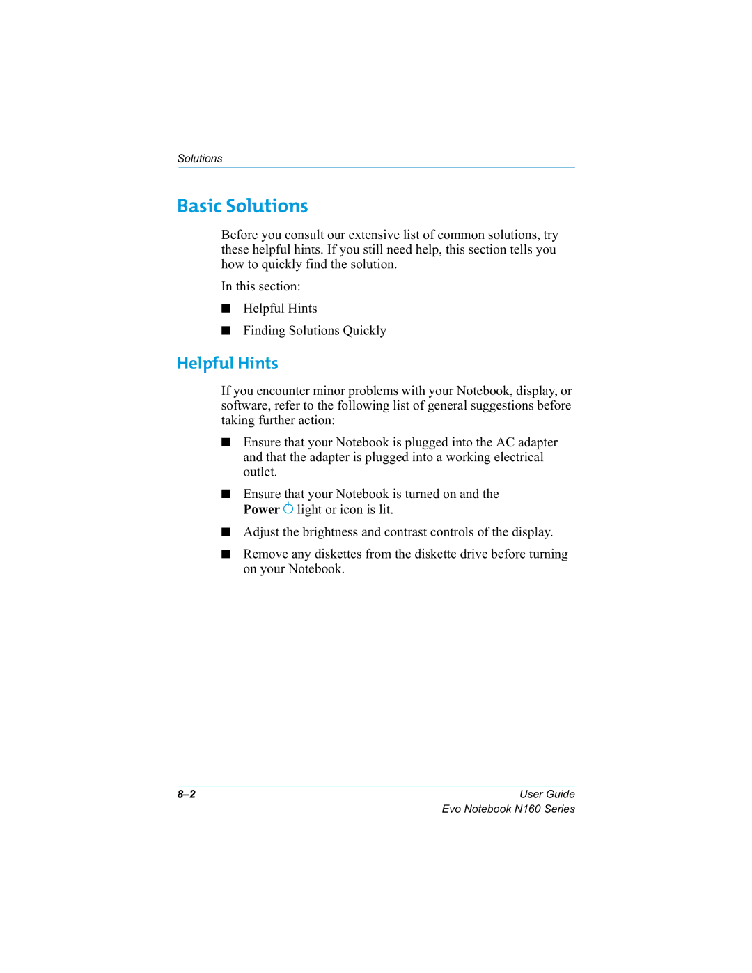 HP n160 manual Basic Solutions, Helpful Hints, Qwklvvhfwlrq +HOSIXO+LQWV LQGLQJ6ROXWLRQV4XLFNO 