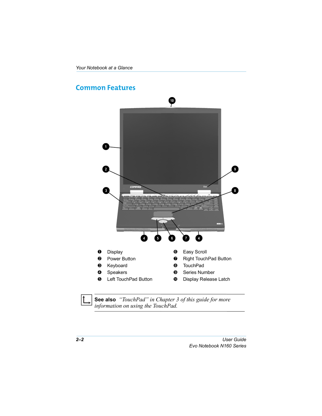 HP n160 Common Features, RXU1RWHERRNDWD*ODQFH, Lvsod, 3RZHU%XWWRQ, ERDUG 7RXFK3DG 6SHDNHUV 6HULHV1XPEHU HIW7RXFK3DG%XWWRQ 