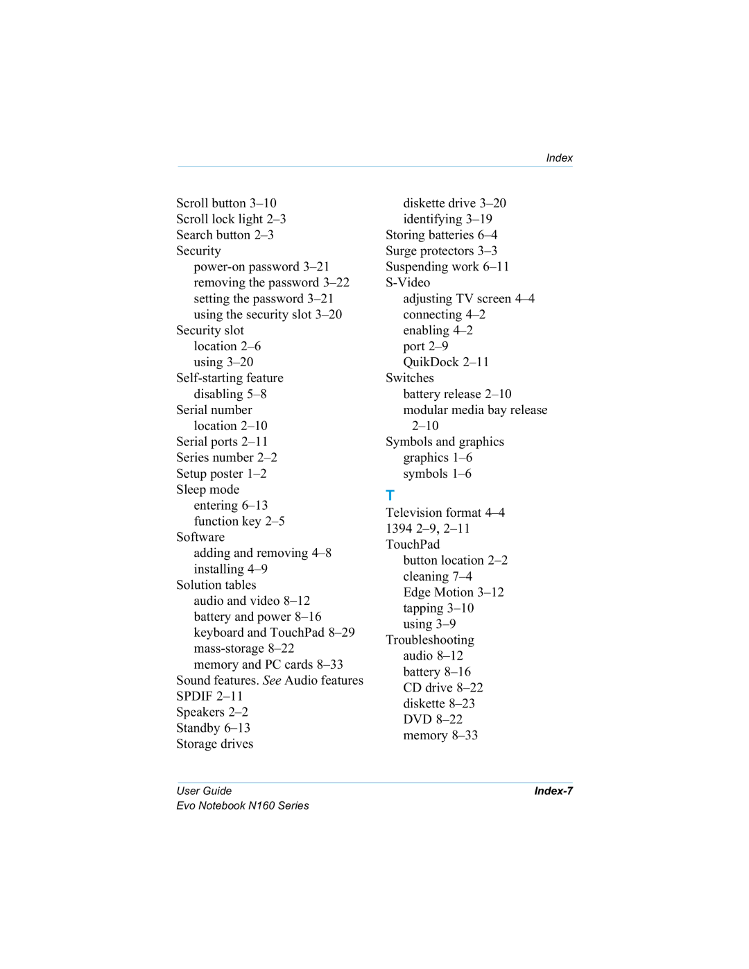 HP n160 manual 6FUROOEXWWRQ± 6FUROOORFNOLJKW±, 6HOIVWDUWLQJIHDWXUH GLVDEOLQJ±, 6HULDOSRUWV± 6HULHVQXPEHU±, 6WRUDJHGULYHV 