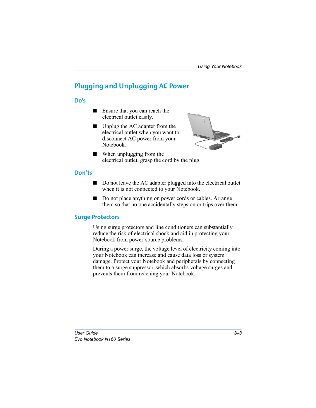 HP n160 manual Plugging and Unplugging AC Power, Do’s, Don’ts, Surge Protectors 