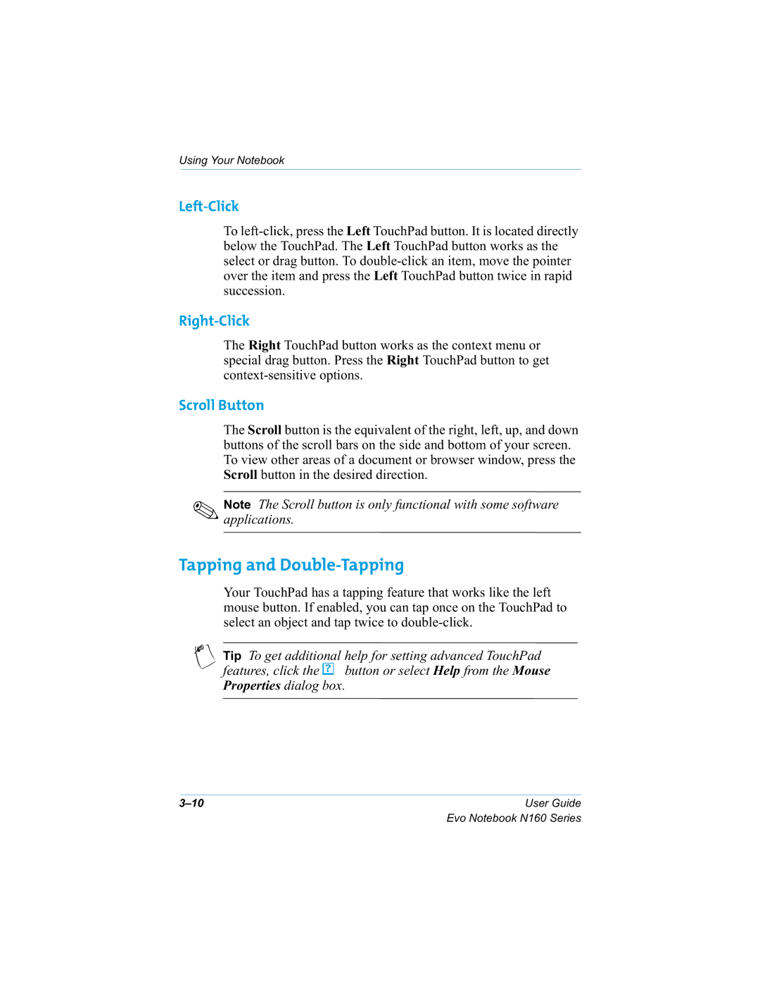 HP n160 manual Tapping and Double-Tapping, Left-Click, Right-Click, Scroll Button 