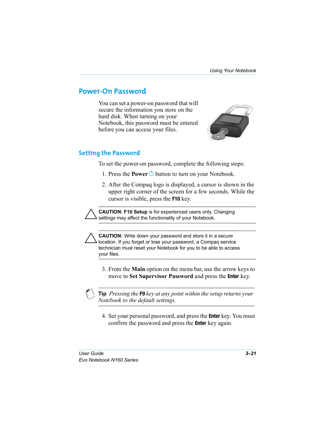 HP n160 manual Power-On Password, Setting the Password, 1RWHERRNWRWKHGHIDXOWVHWWLQJV 