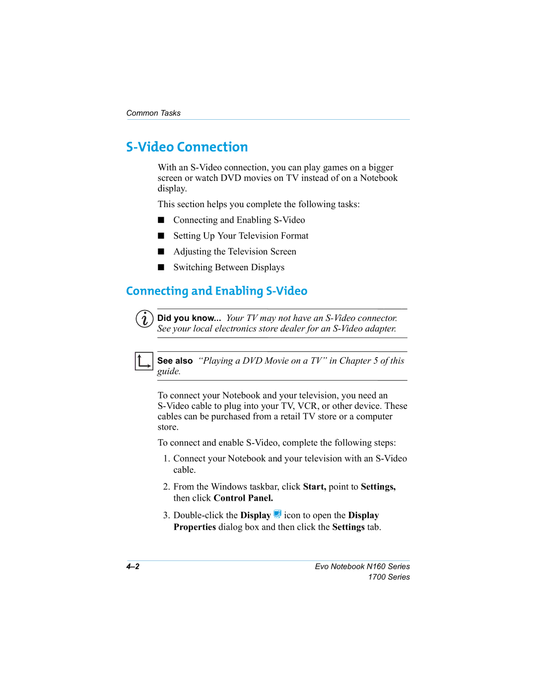 HP n160 manual Video Connection, Connecting and Enabling S-Video, Jxlgh, Vwruh, Fdeoh 