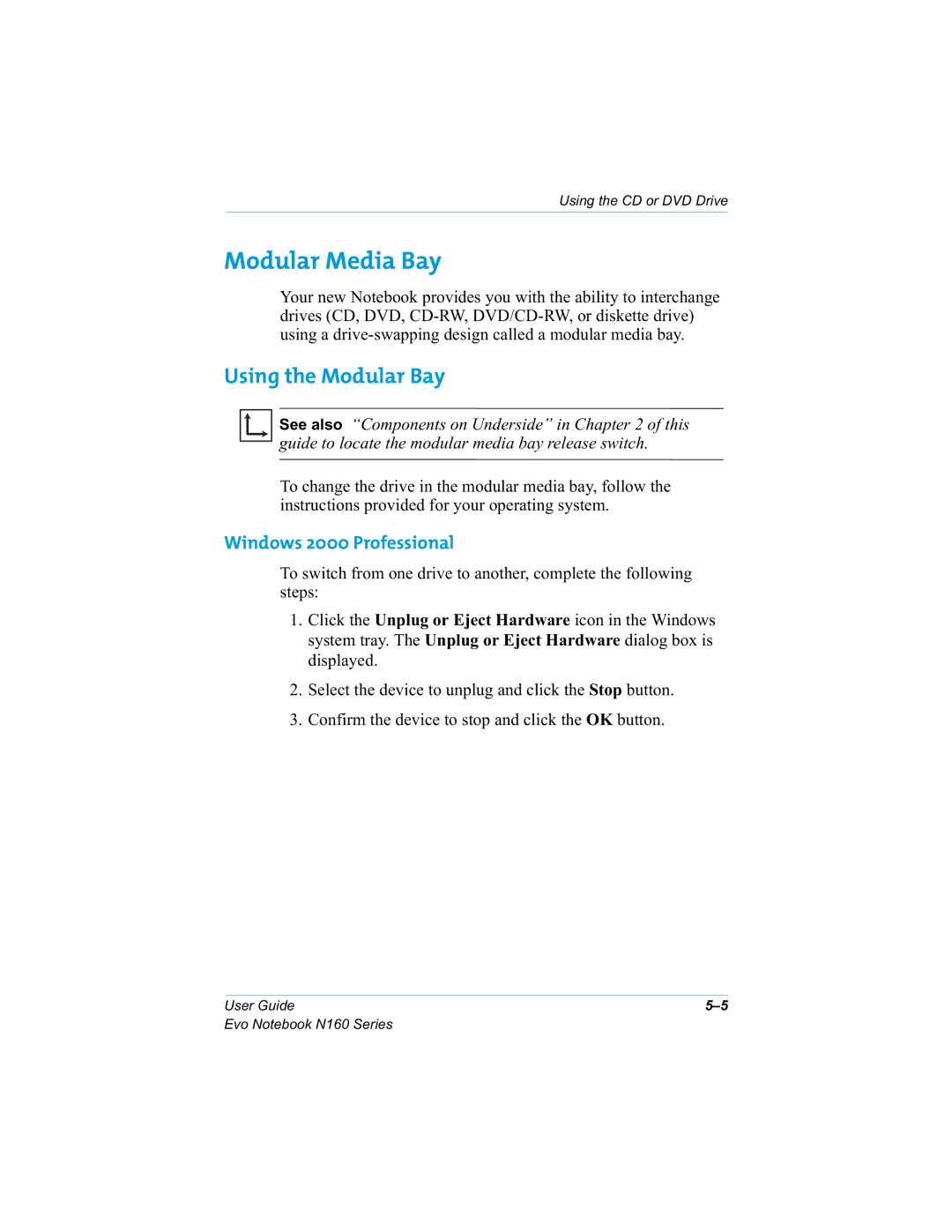 HP n160 manual Modular Media Bay, Using the Modular Bay, Windows 2000 Professional 