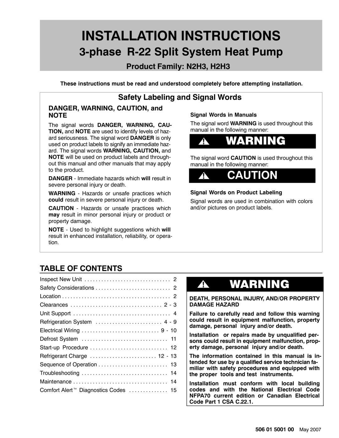 HP H2H3, N2H3 manual Installation Instructions, Table of Contents 