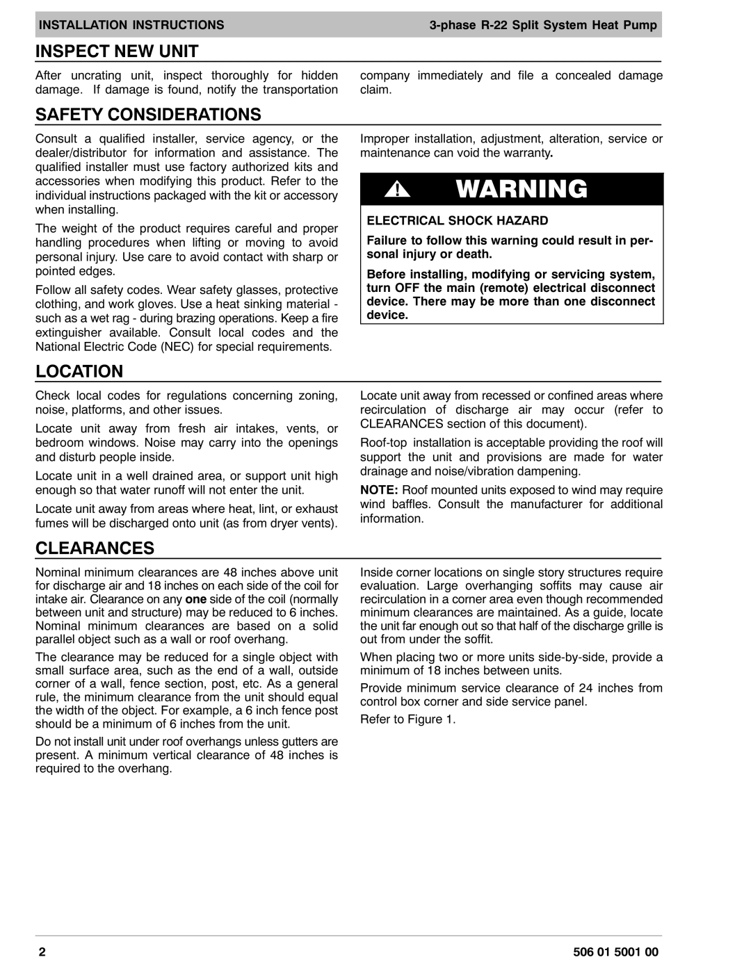 HP N2H3, H2H3 manual Inspect NEW Unit, Safety Considerations, Location, Clearances 