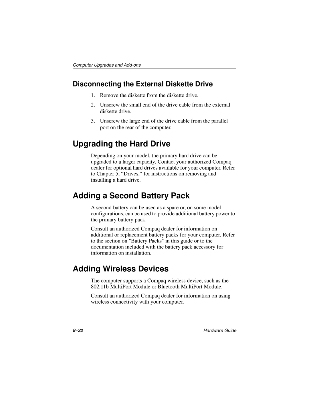 HP n400c manual Upgrading the Hard Drive, Adding a Second Battery Pack, Adding Wireless Devices 