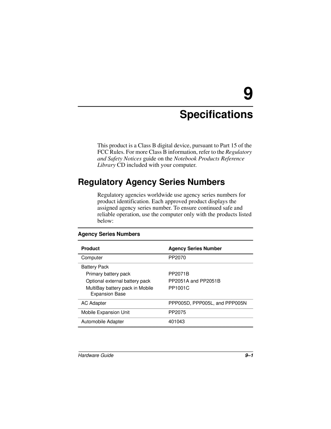 HP n400c manual Specifications, Regulatory Agency Series Numbers 