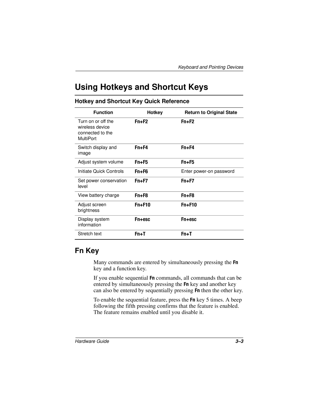 HP n400c manual Using Hotkeys and Shortcut Keys, Fn Key 