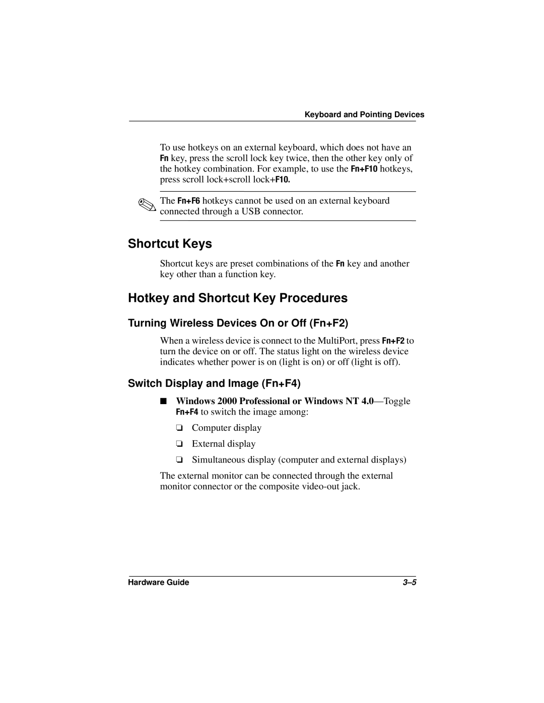 HP n400c manual Shortcut Keys, Hotkey and Shortcut Key Procedures 