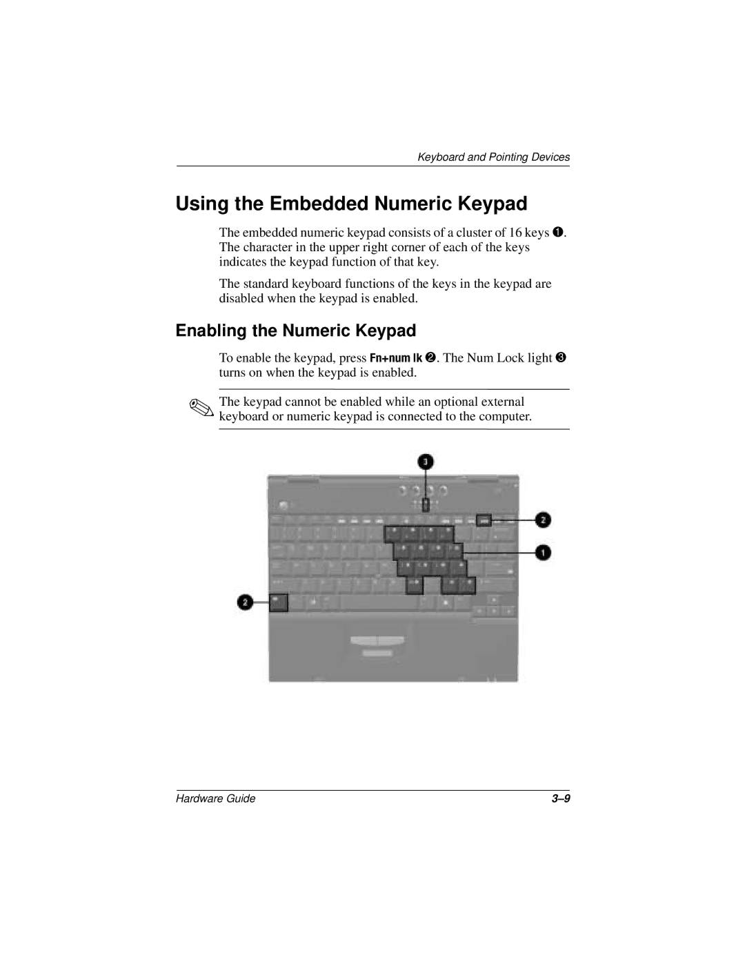 HP n400c manual Using the Embedded Numeric Keypad, Enabling the Numeric Keypad 