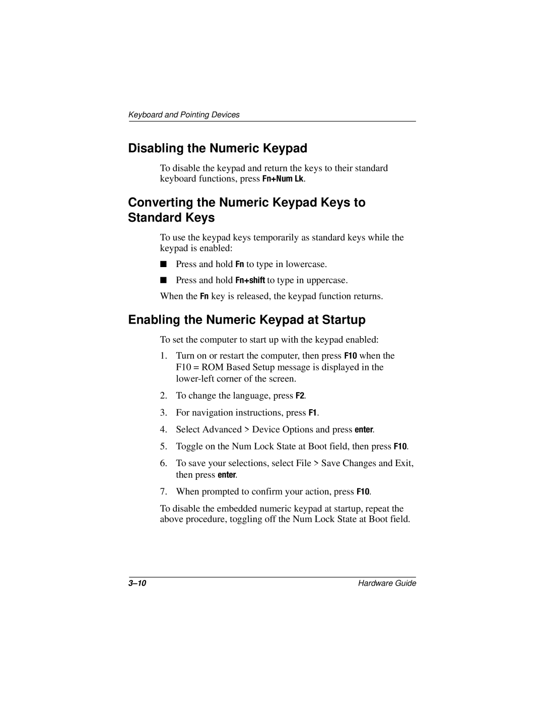 HP n400c manual Disabling the Numeric Keypad, Converting the Numeric Keypad Keys to Standard Keys 