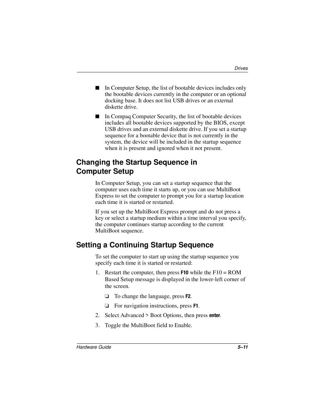 HP n400c manual Changing the Startup Sequence Computer Setup, Setting a Continuing Startup Sequence 