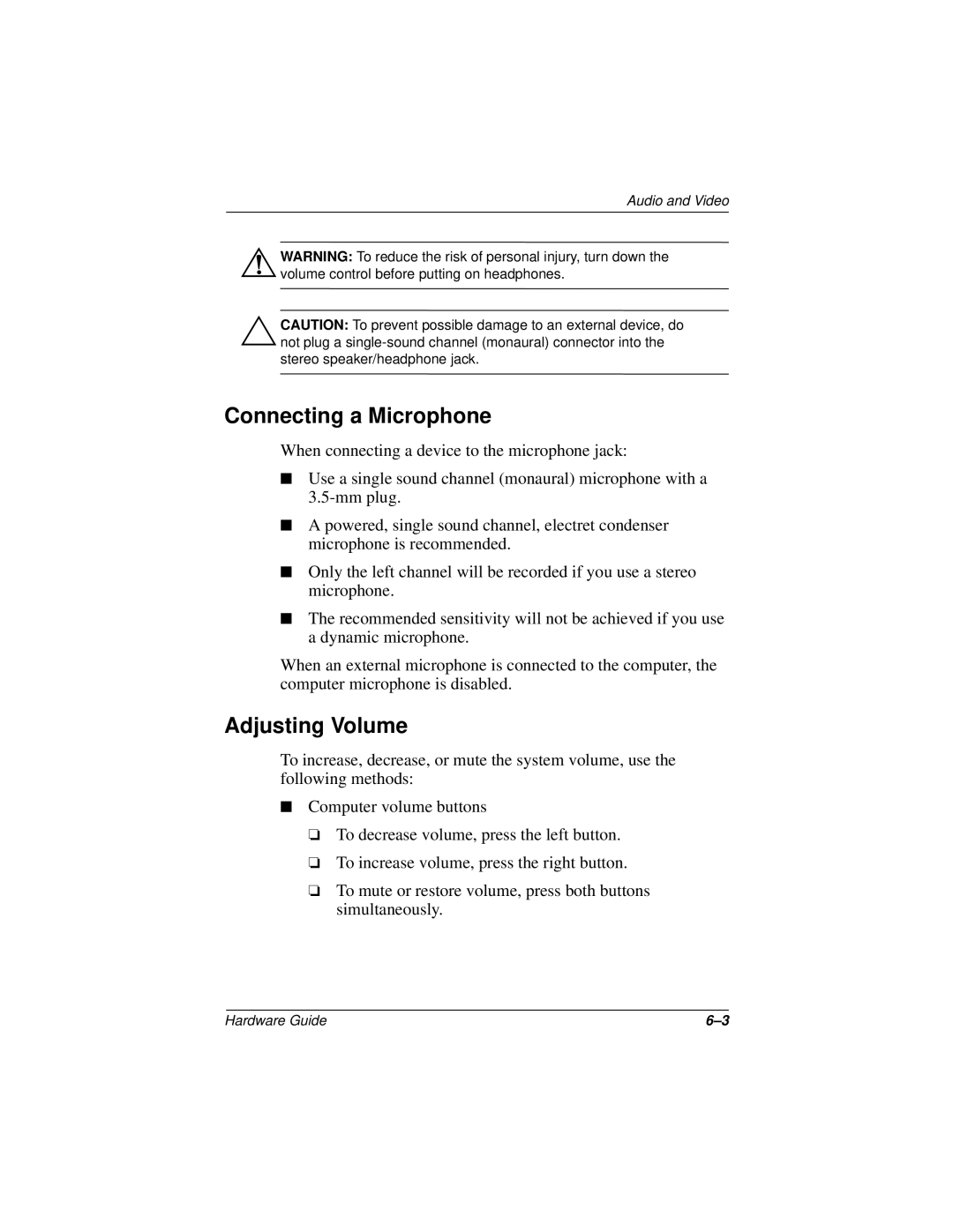 HP n400c manual Connecting a Microphone, Adjusting Volume 