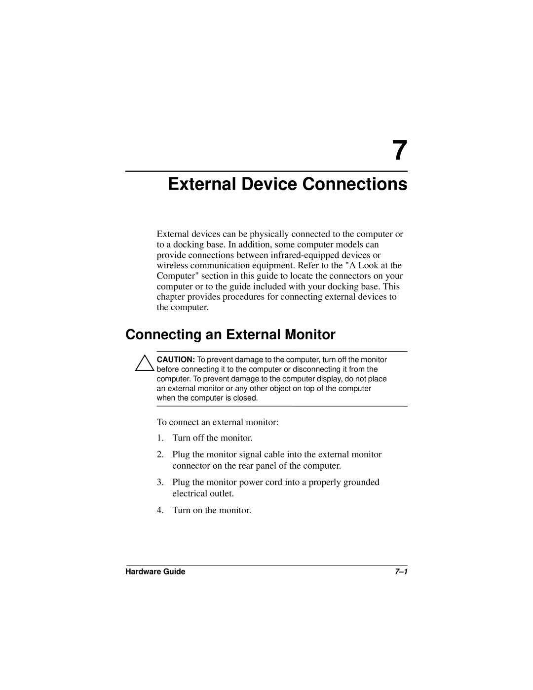 HP n400c manual External Device Connections, Connecting an External Monitor 