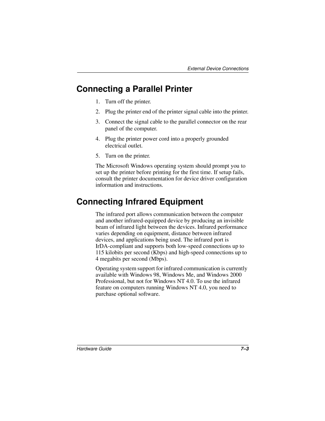 HP n400c manual Connecting a Parallel Printer, Connecting Infrared Equipment 