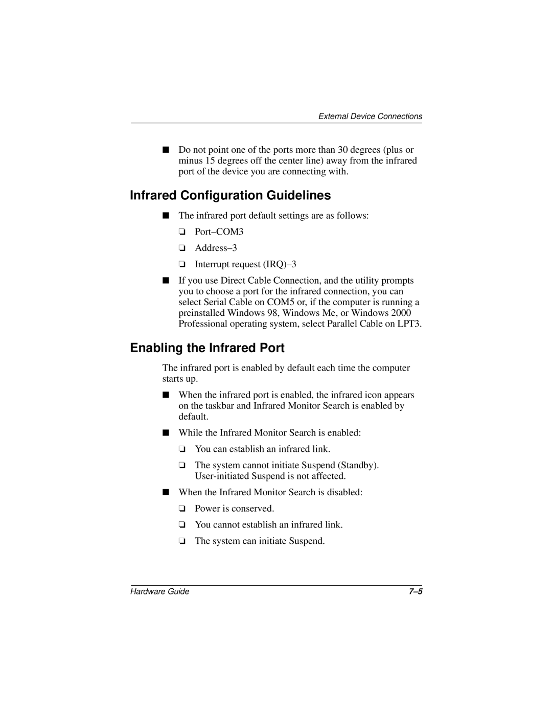 HP n400c manual Infrared Configuration Guidelines, Enabling the Infrared Port 