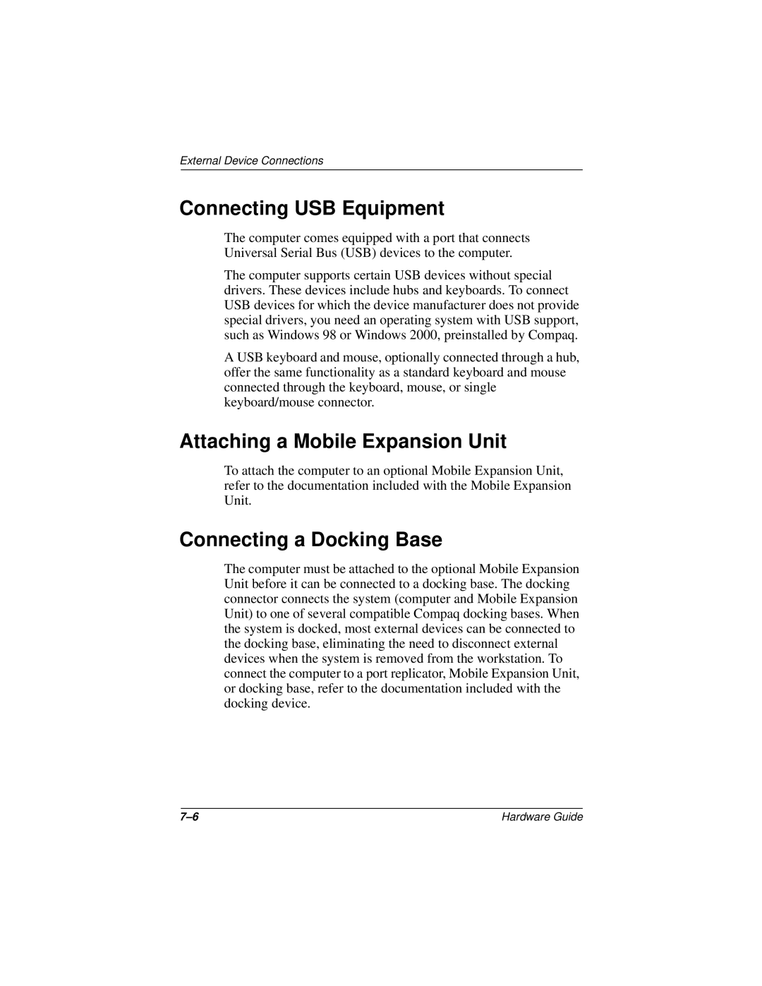 HP n400c manual Connecting USB Equipment, Attaching a Mobile Expansion Unit, Connecting a Docking Base 