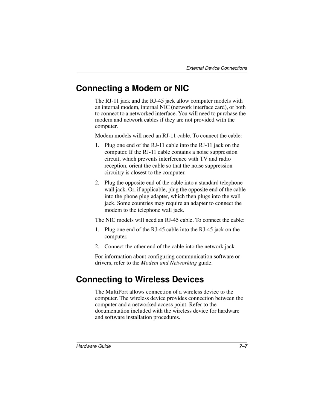 HP n400c manual Connecting a Modem or NIC, Connecting to Wireless Devices 