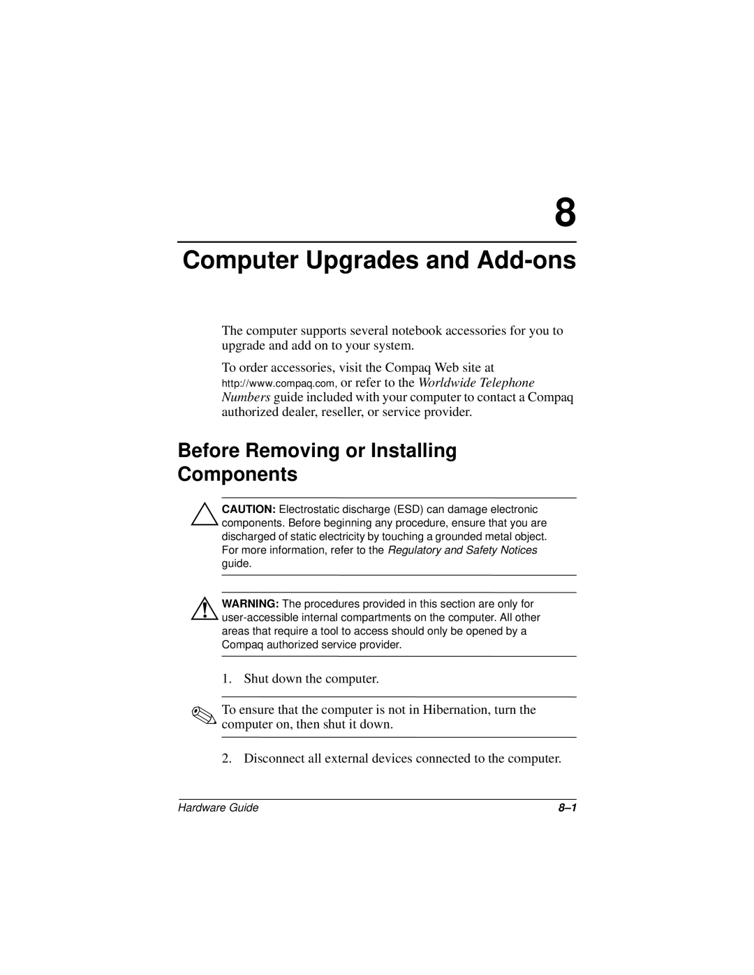 HP n400c manual Computer Upgrades and Add-ons, Before Removing or Installing Components 