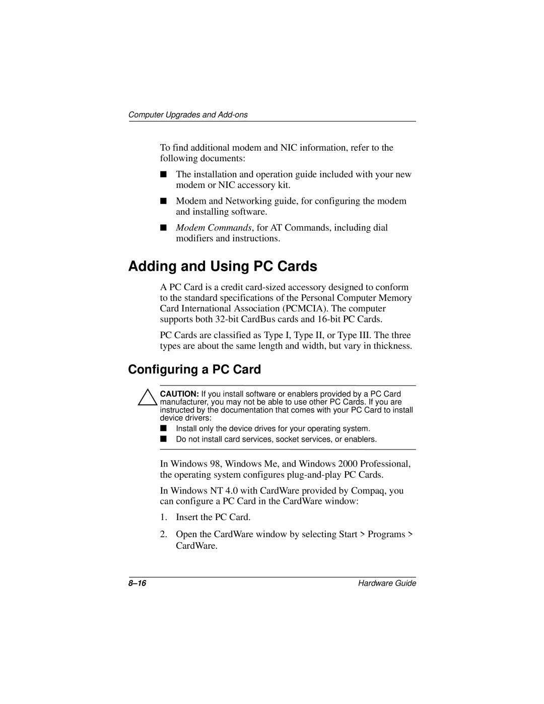 HP n400c manual Adding and Using PC Cards, Configuring a PC Card 