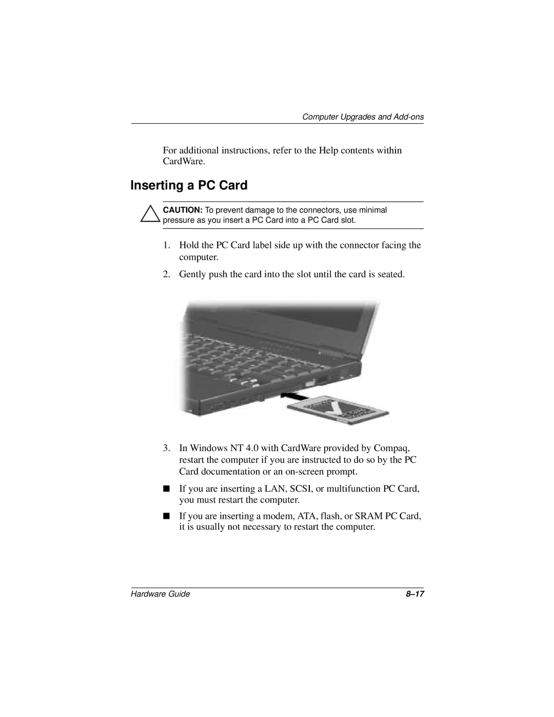 HP n400c manual Inserting a PC Card 