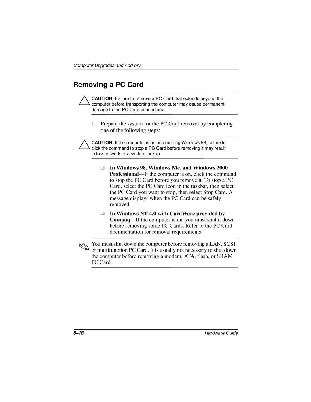 HP n400c manual Removing a PC Card 