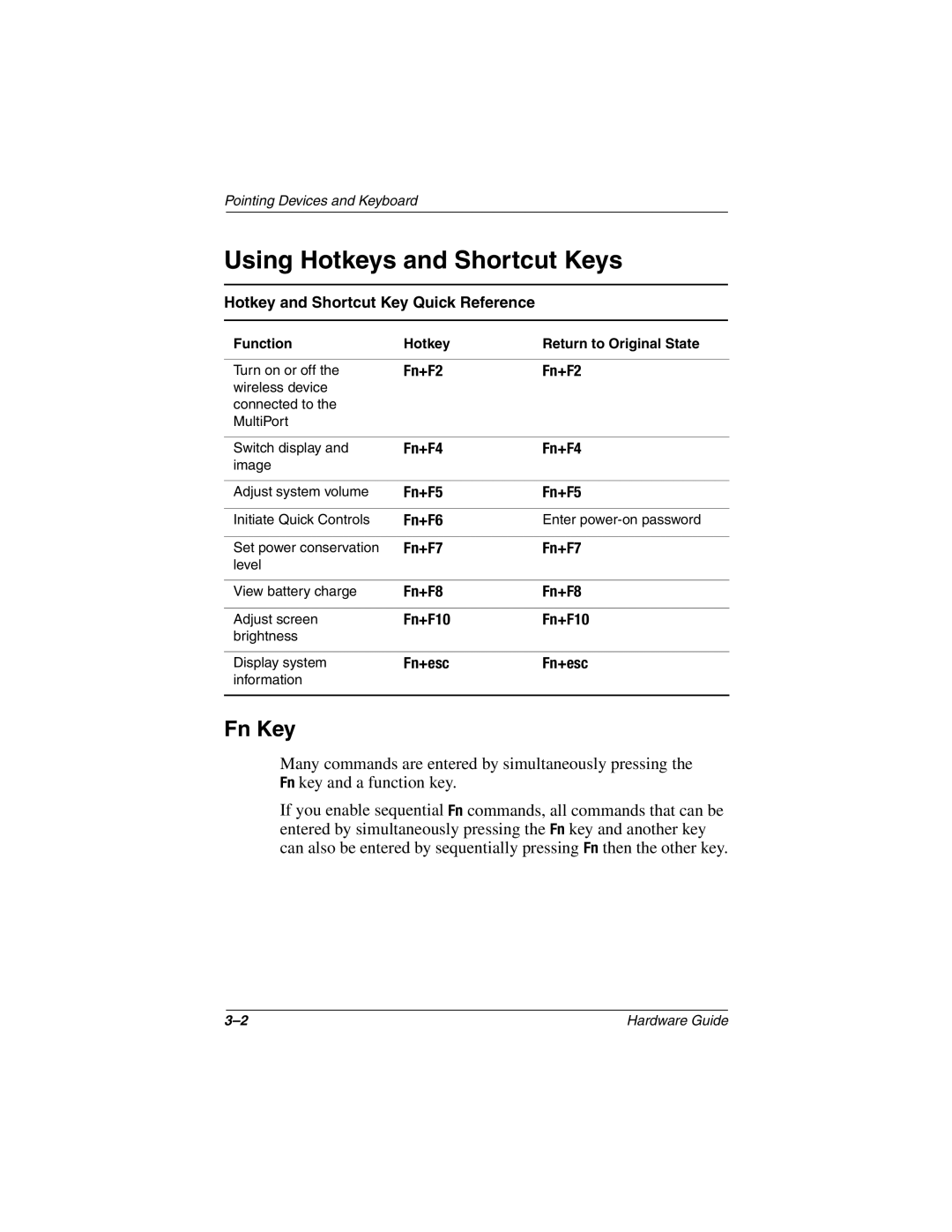 HP n410c manual Using Hotkeys and Shortcut Keys, Fn Key 