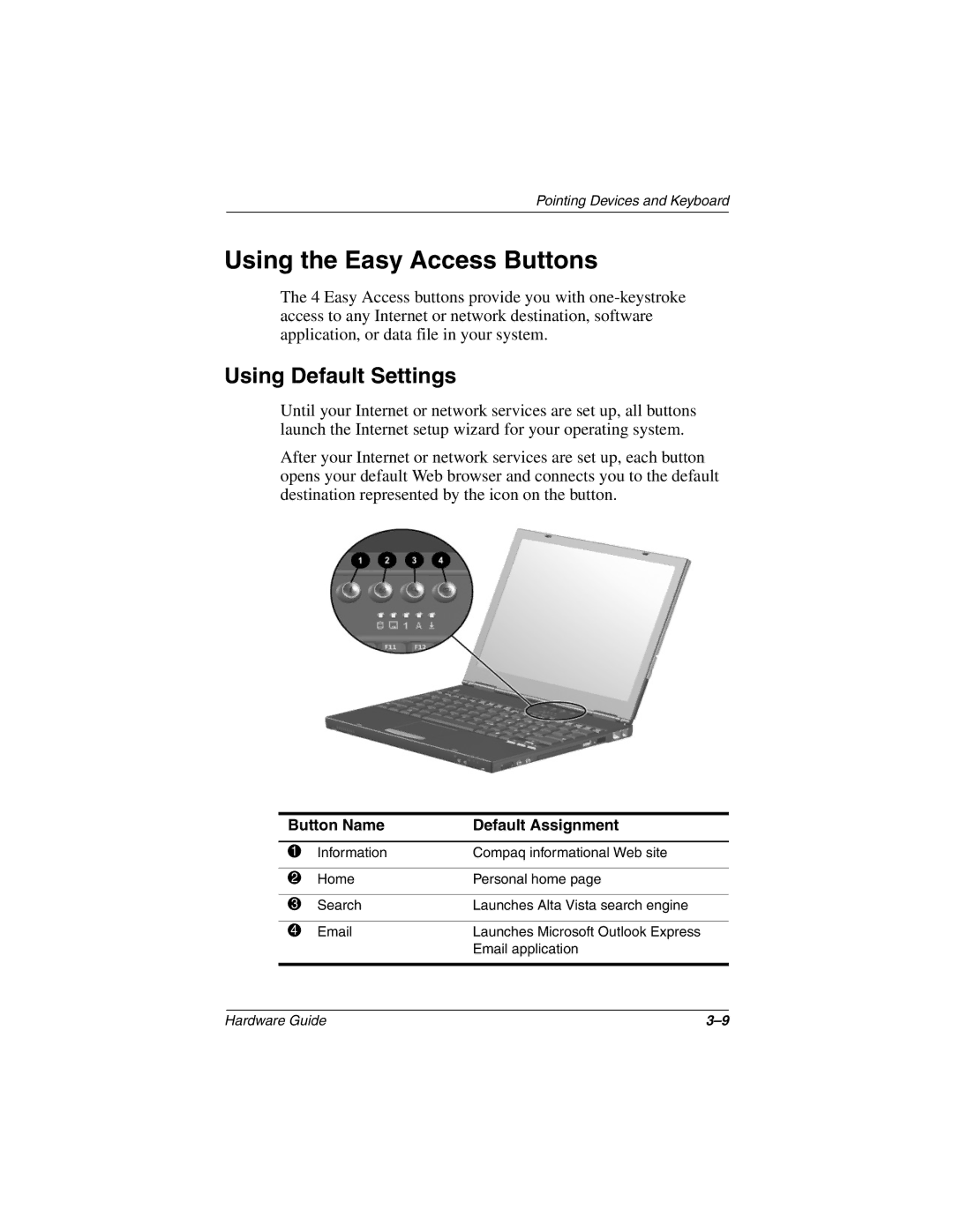 HP n410c manual Using the Easy Access Buttons, Using Default Settings, Button Name Default Assignment 