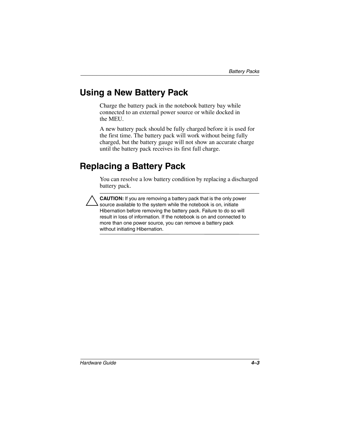 HP n410c manual Using a New Battery Pack, Replacing a Battery Pack 