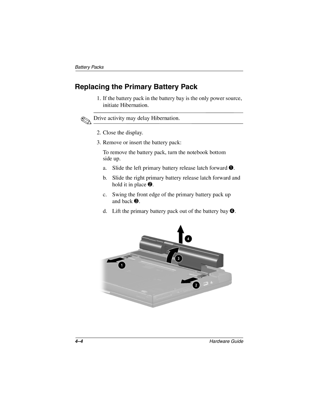 HP n410c manual Replacing the Primary Battery Pack 