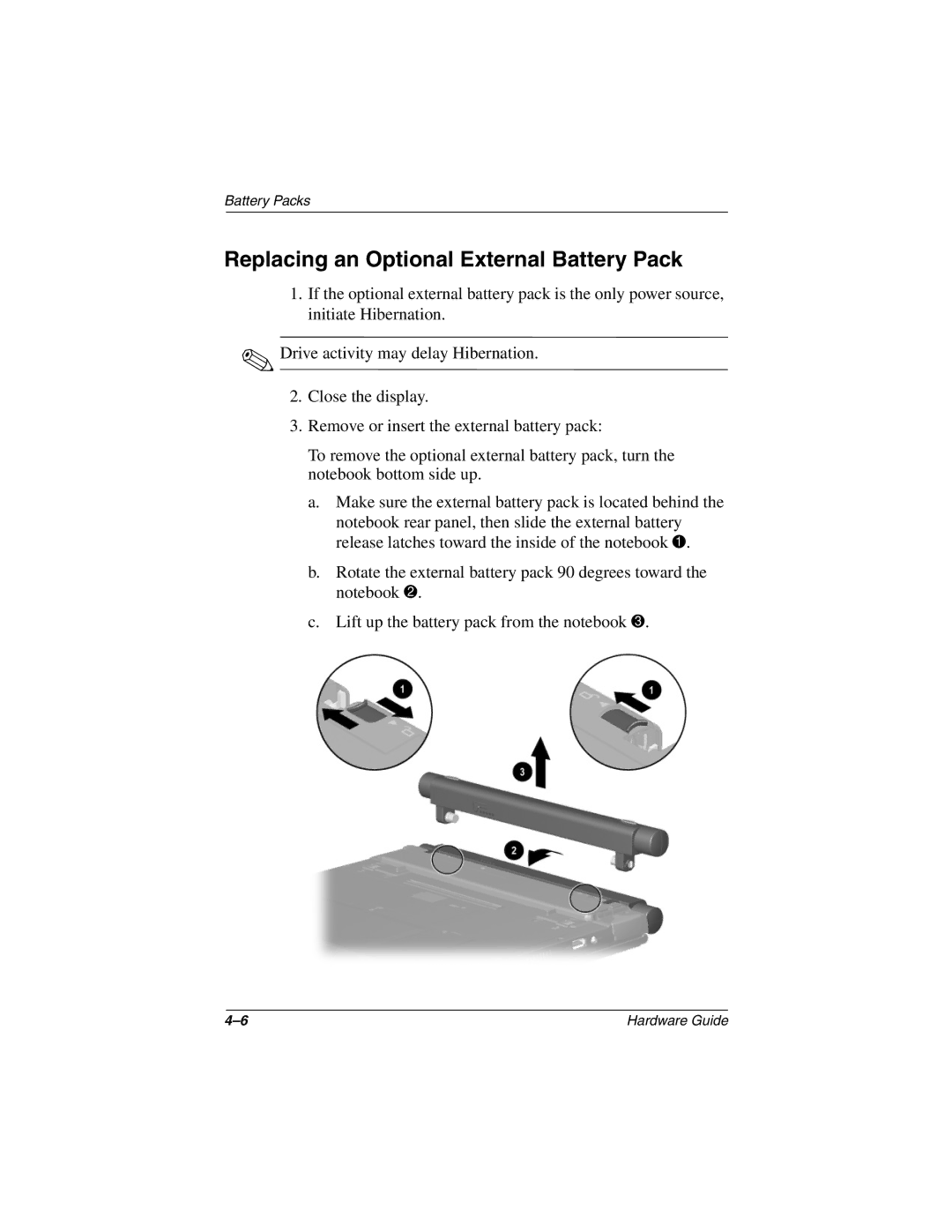 HP n410c manual Replacing an Optional External Battery Pack 