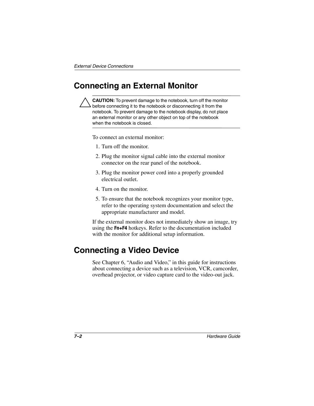 HP n410c manual Connecting an External Monitor, Connecting a Video Device 