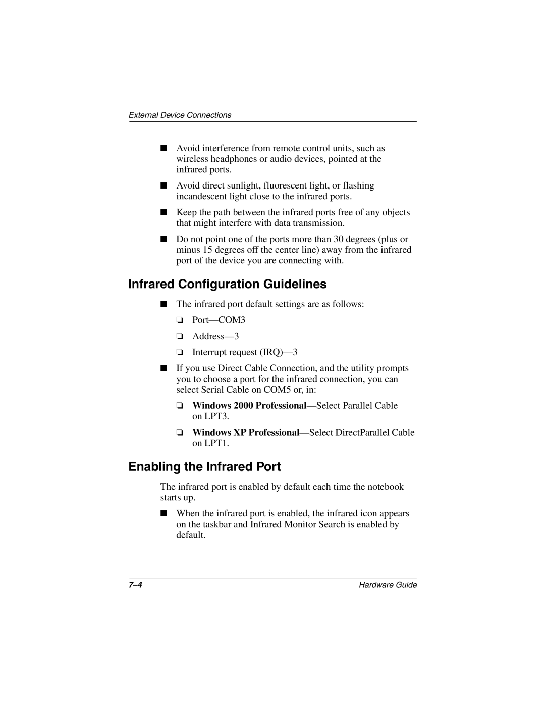 HP n410c manual Infrared Configuration Guidelines, Enabling the Infrared Port 