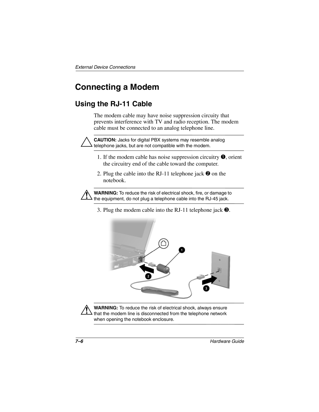 HP n410c manual Connecting a Modem, Using the RJ-11 Cable 