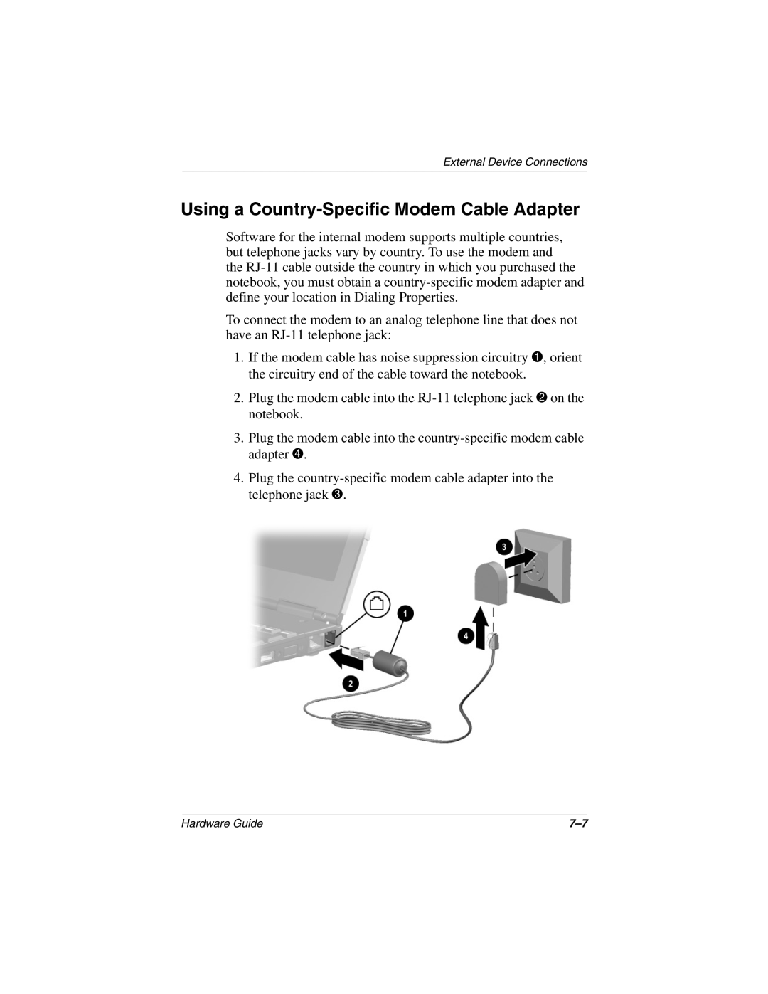 HP n410c manual Using a Country-Specific Modem Cable Adapter 