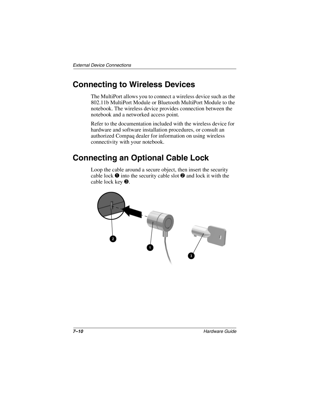 HP n410c manual Connecting to Wireless Devices, Connecting an Optional Cable Lock 