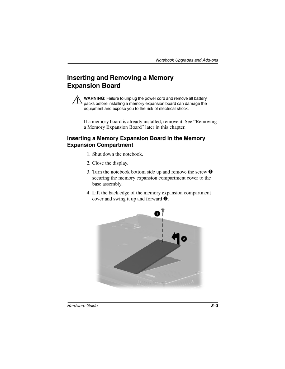 HP n410c manual Inserting and Removing a Memory Expansion Board 