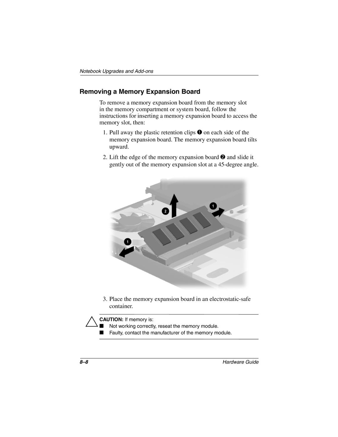 HP n410c manual Removing a Memory Expansion Board 