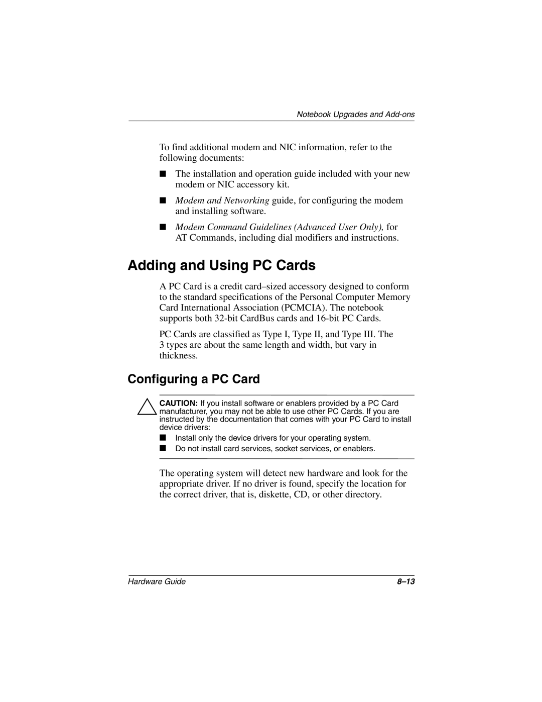 HP n410c manual Adding and Using PC Cards, Configuring a PC Card 