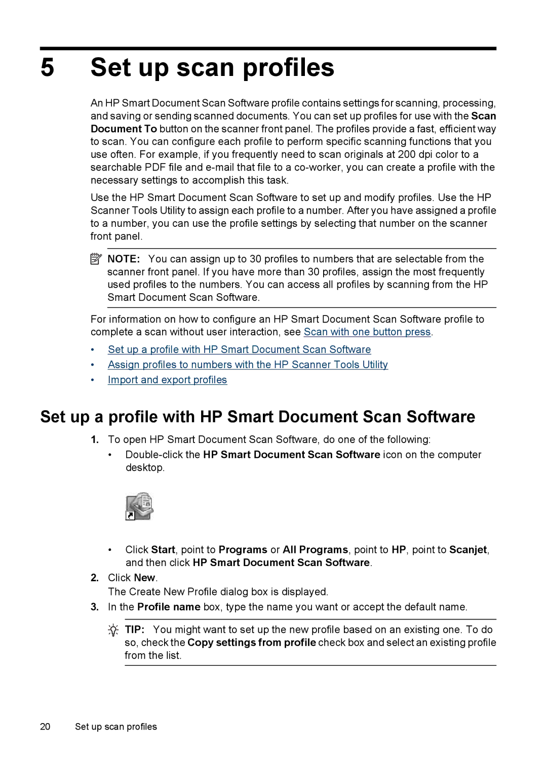 HP N7000 Document manual Set up scan profiles, Set up a profile with HP Smart Document Scan Software 