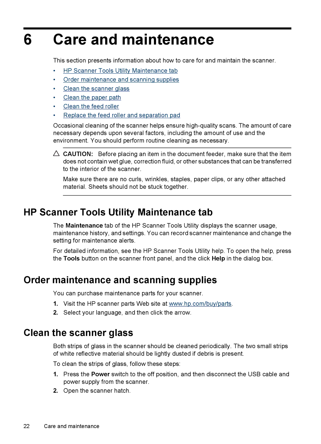 HP N7000 Document Care and maintenance, HP Scanner Tools Utility Maintenance tab, Order maintenance and scanning supplies 